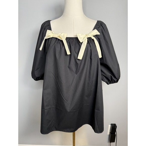 First Love by Lovelyn Black Puff Sleeve Bow Detail Blouse Square Neck M - Picture 2 of 5